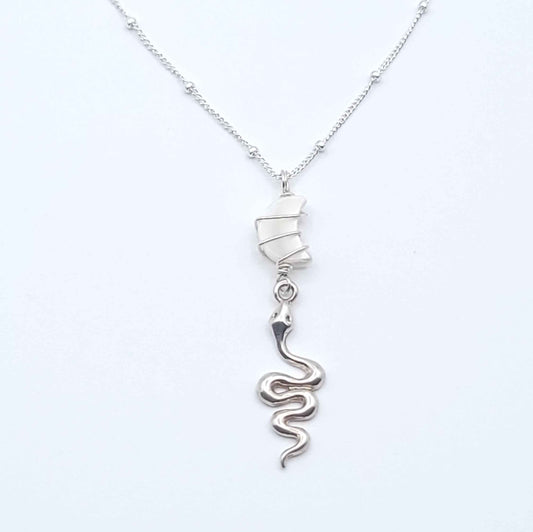 Sterling silver snake chain necklace with iridescent Mother of Pearl moon