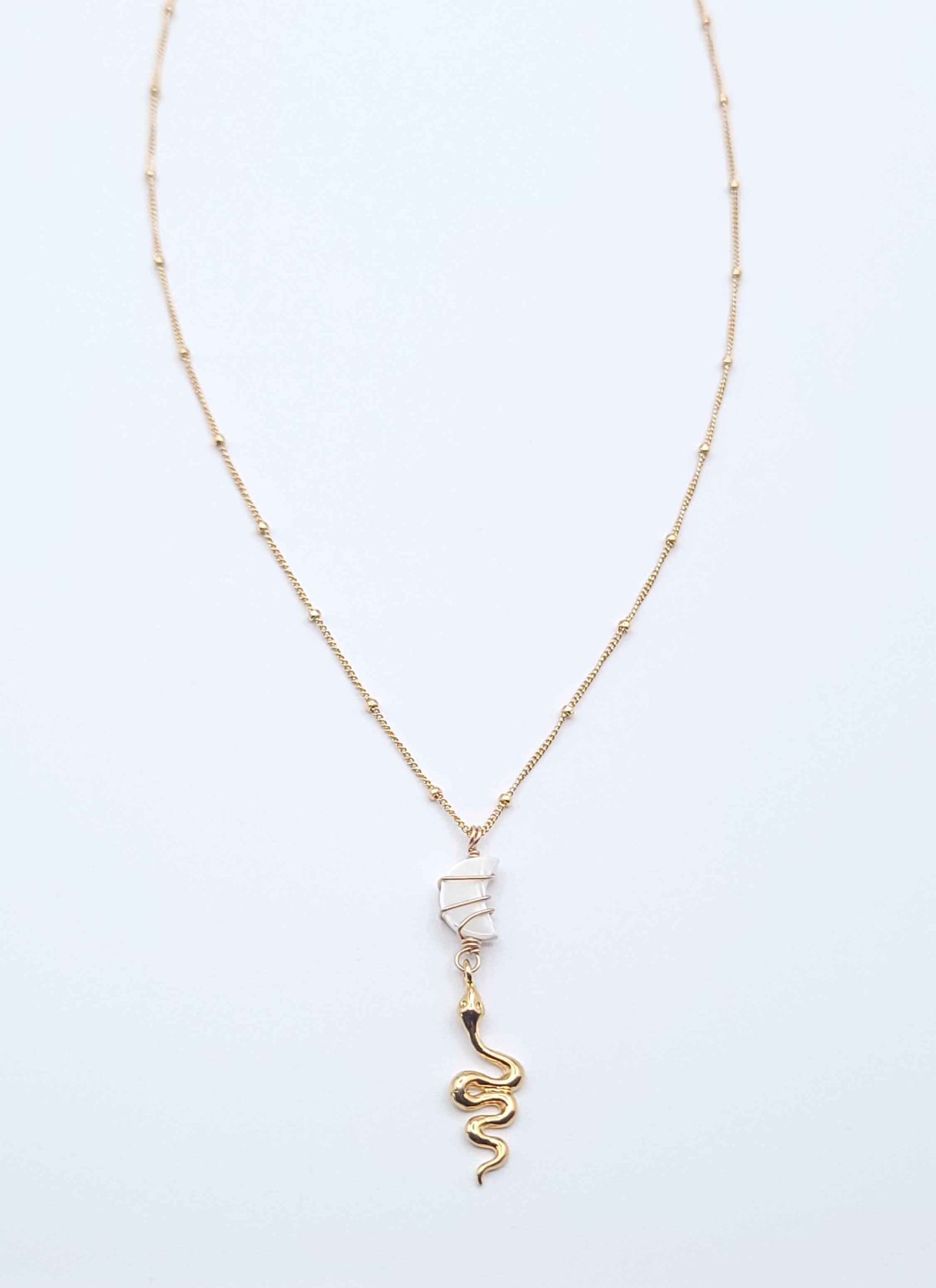 Gold-filled snake chain necklace with Mother of Pearl crescent moon pendant