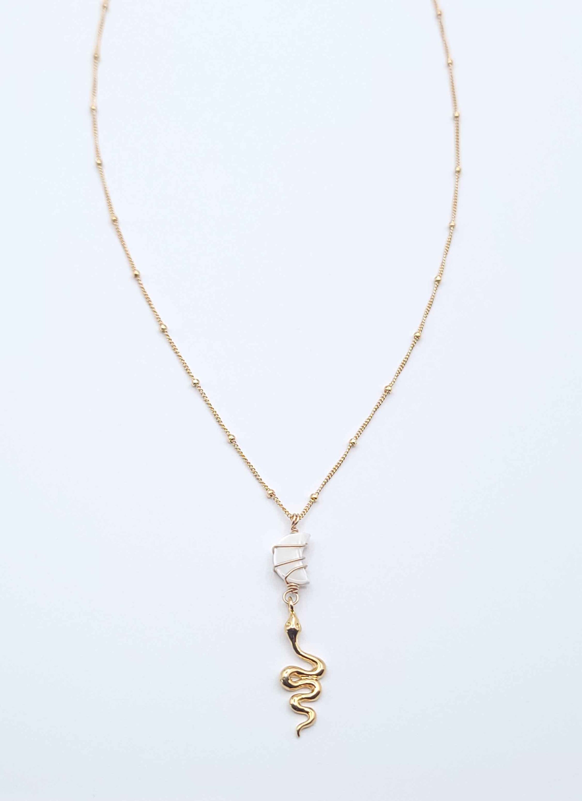 Gold-filled snake chain necklace with Mother of Pearl crescent moon pendant