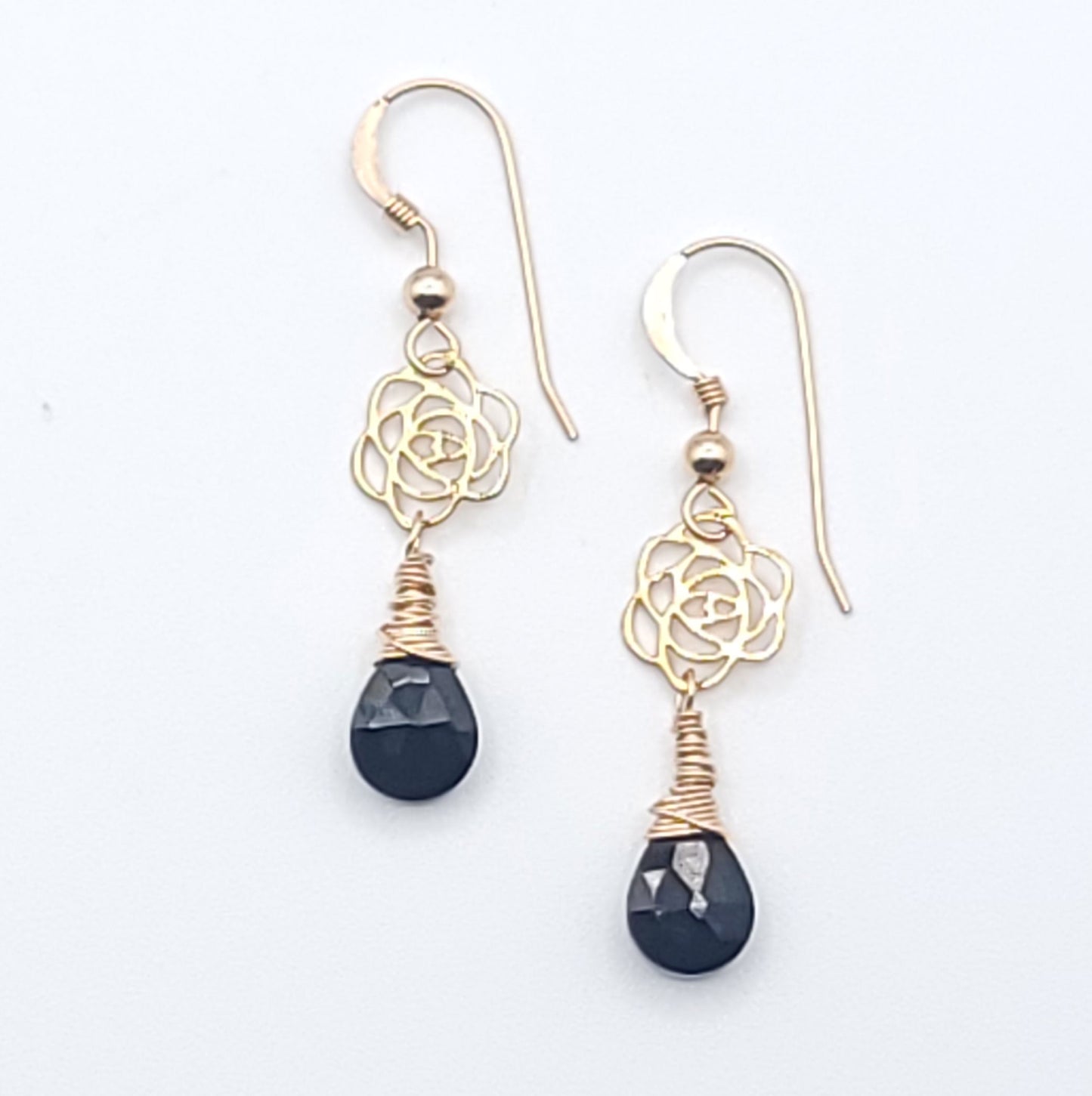 Solstice Rose drop earrings in black spinel with gold-filled wire and hooks