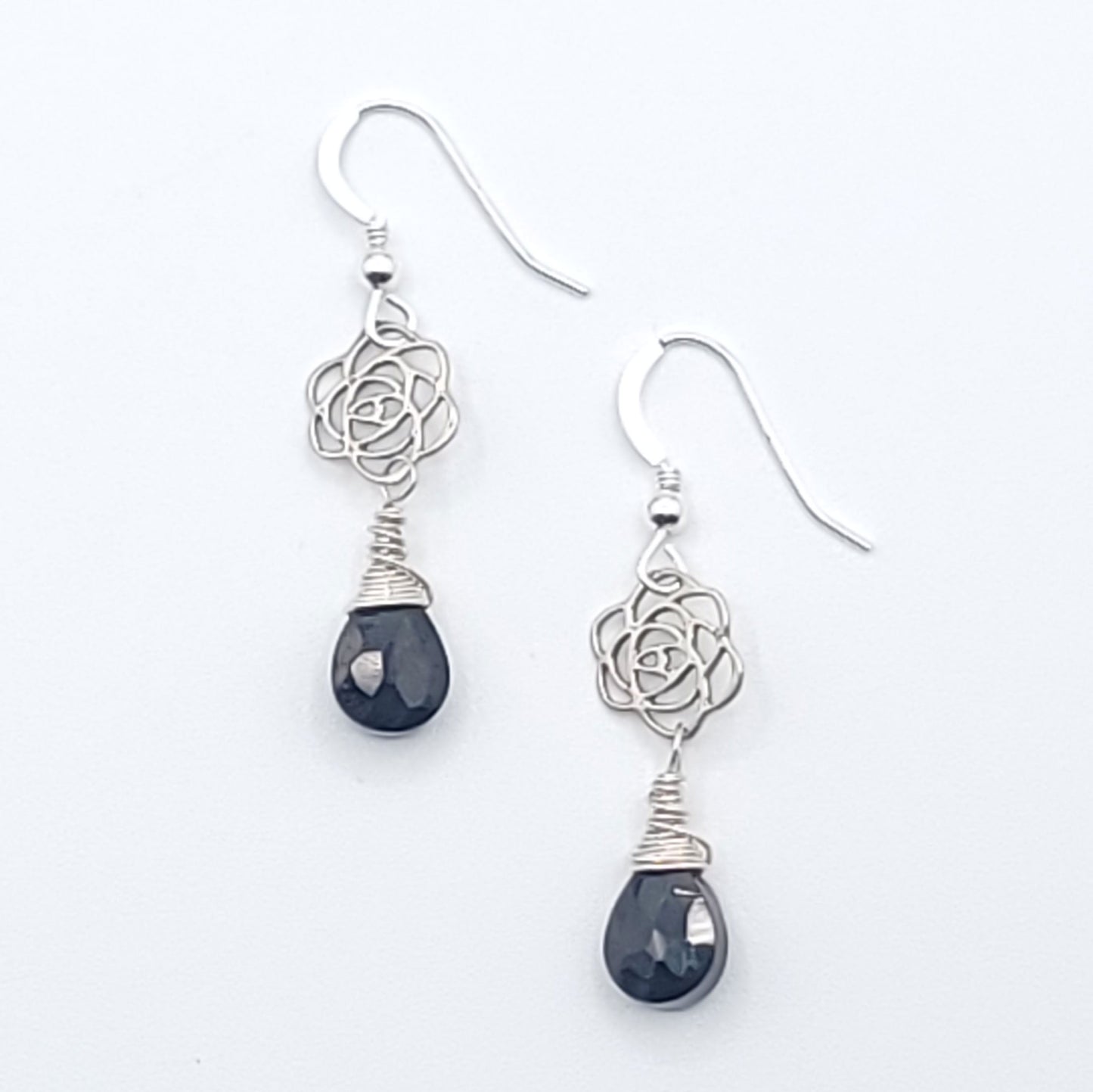 Solstice Rose drop earrings in black spinel with sterling silver wire and hooks