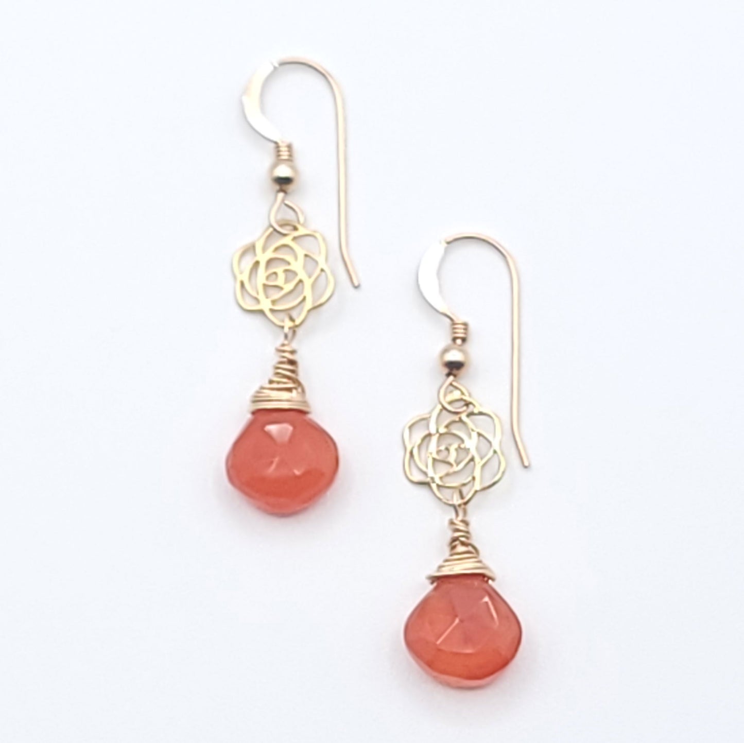 Solstice Rose drop earrings in carnelian with gold-filled wire and hooks