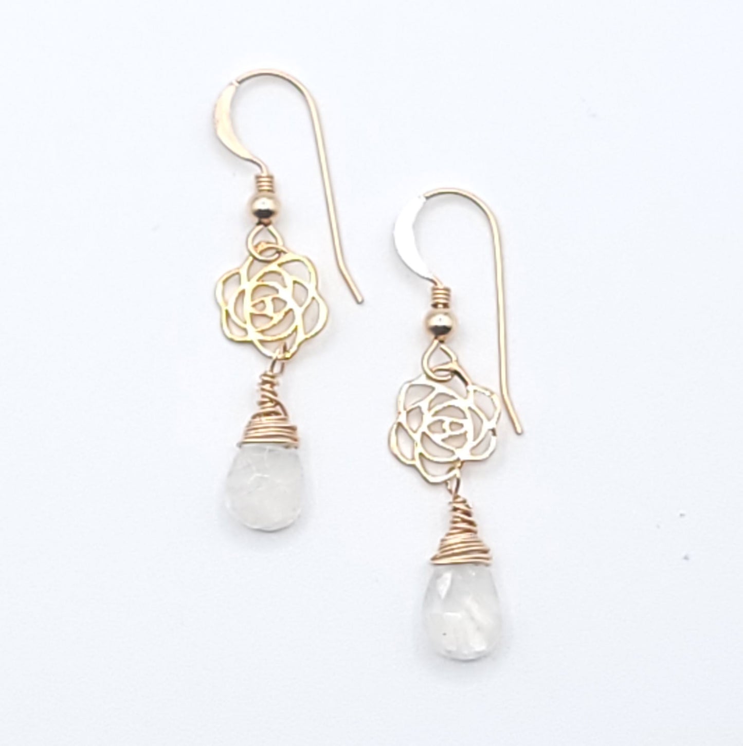 Solstice Rose drop earrings in moonstone with gold-filled wire and hooks